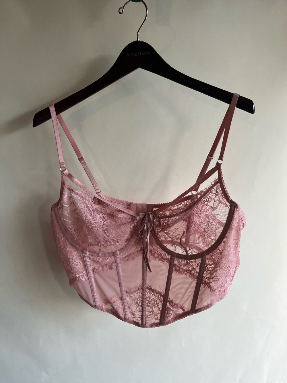 Mentionables Bustier Corset Bra Pink Lace Mesh Sz 3X Underwire Sheer Bow Boning